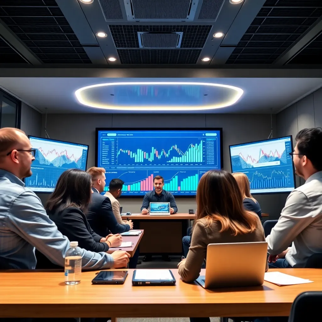 Группа специалистов изучает инвестиционные стратегии в современном учебном центре