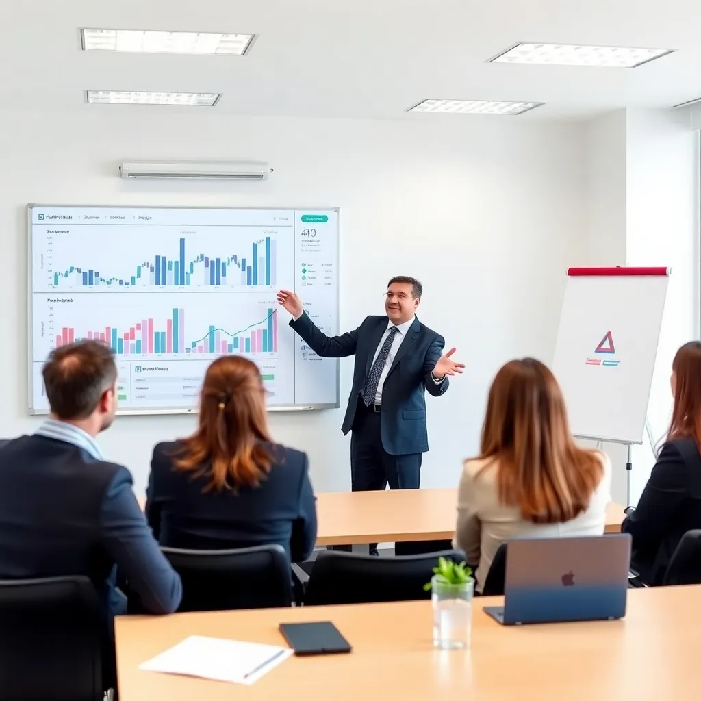 Группа специалистов изучает инвестиционные стратегии в современном учебном центре