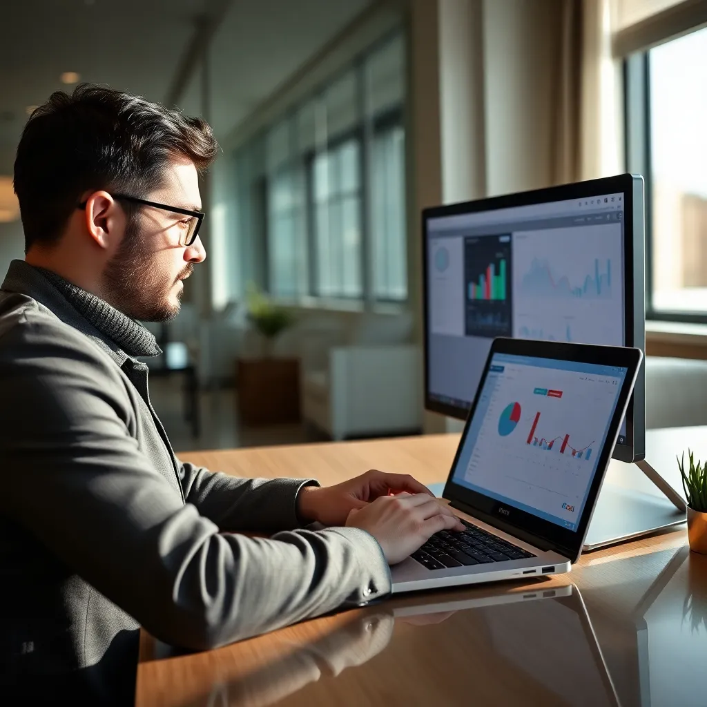 Профессионал анализирует финансовые данные в современном офисе