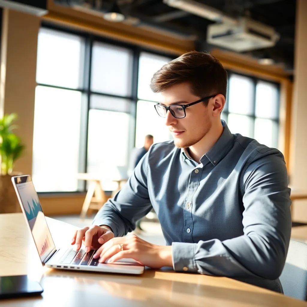 Финансовый специалист анализирует данные на ноутбуке в современном коворкинге